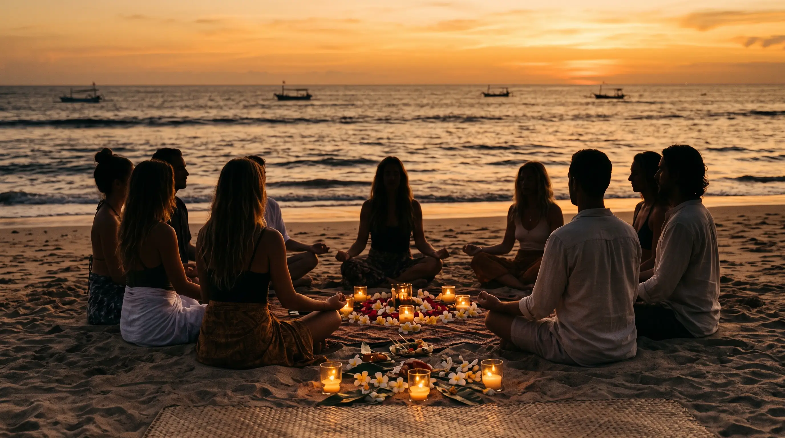 Gruppe am Strand bei Sonnenuntergang