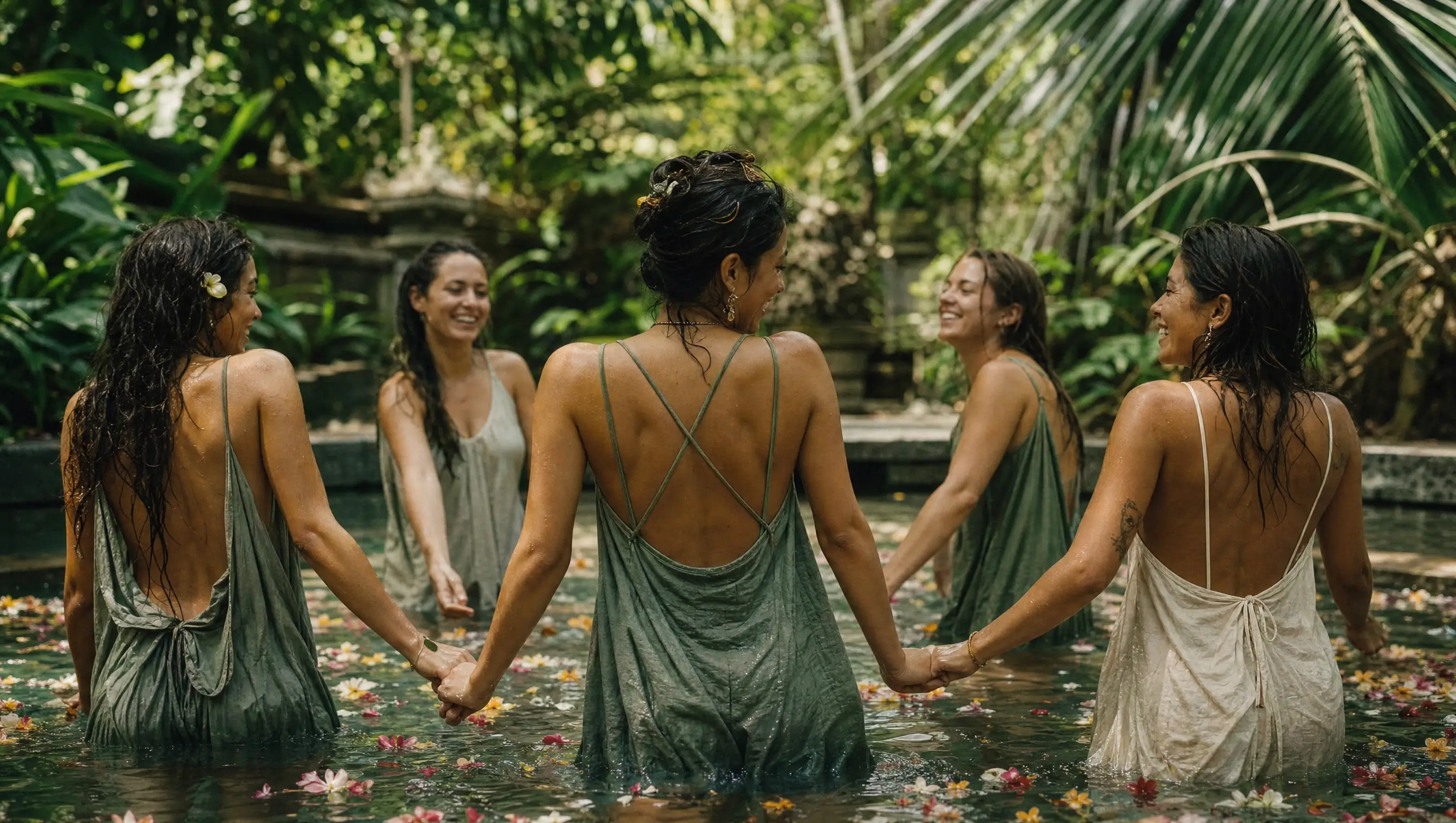 Frauen in einem Naturpool mit Frangipani-Blüten auf Bali