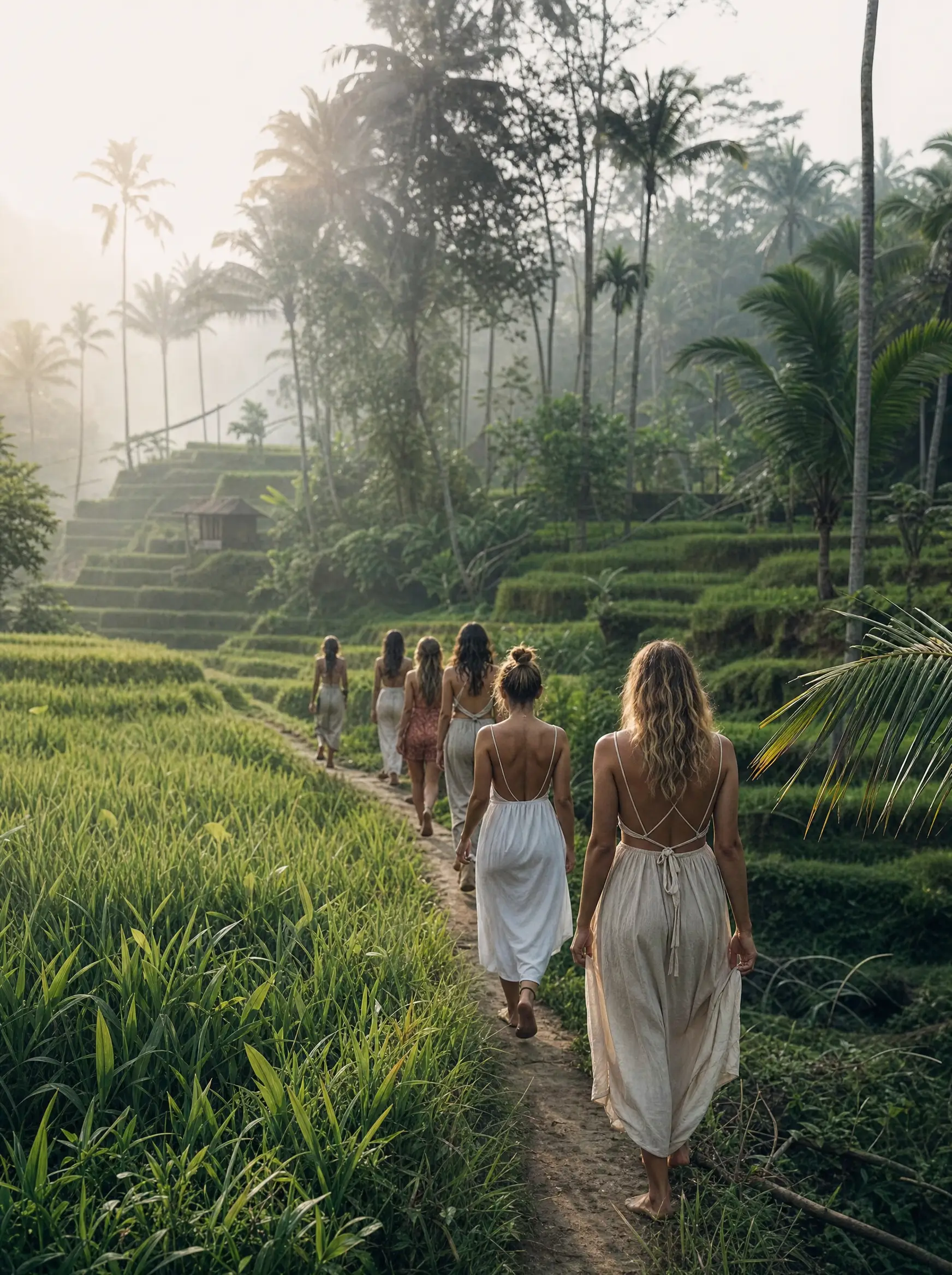 Frauen wandern durch die Reisterrassen auf Bali