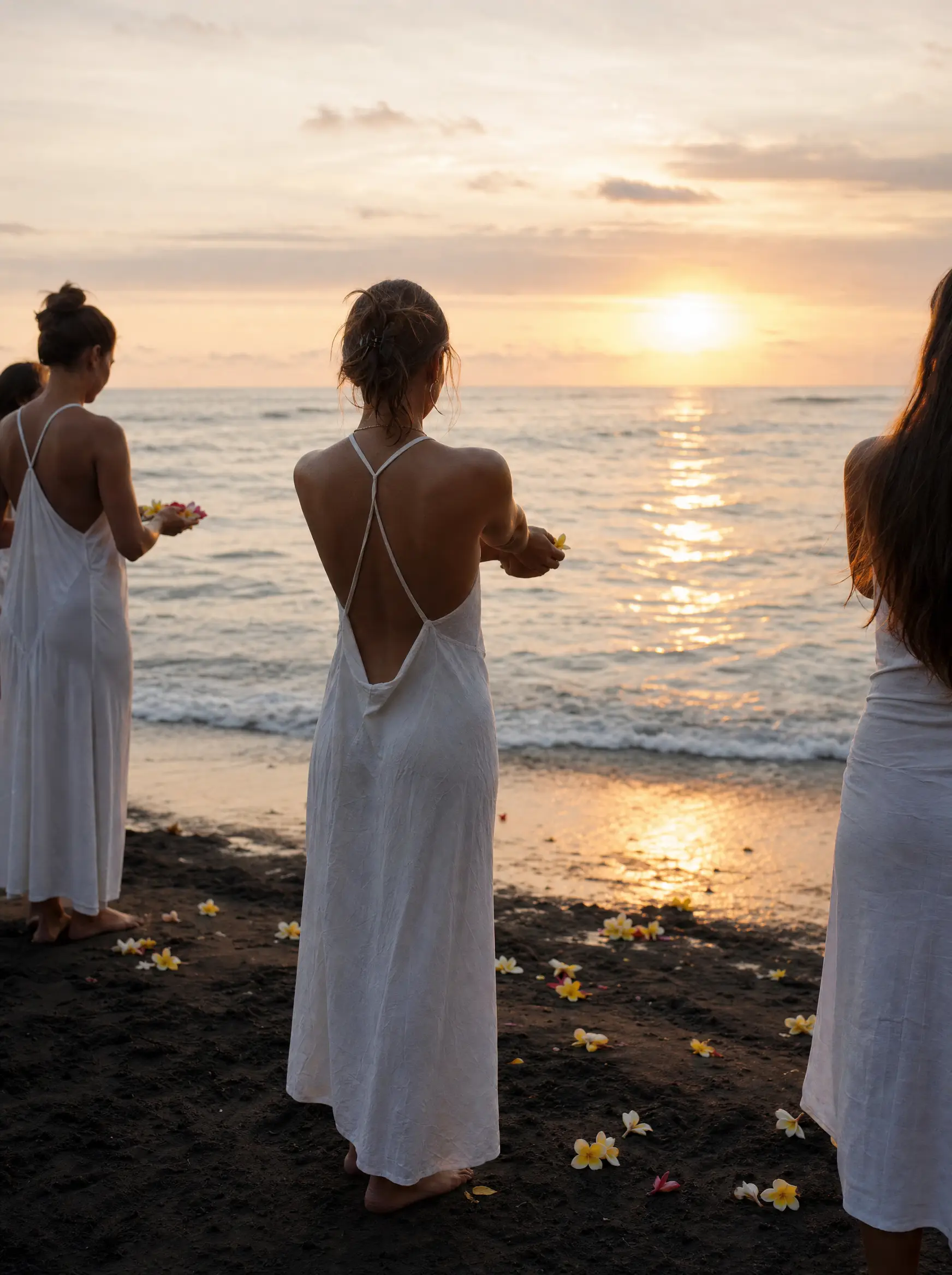 Frauen lassen bei Sonnenuntergang Blüten ins Meer gleiten