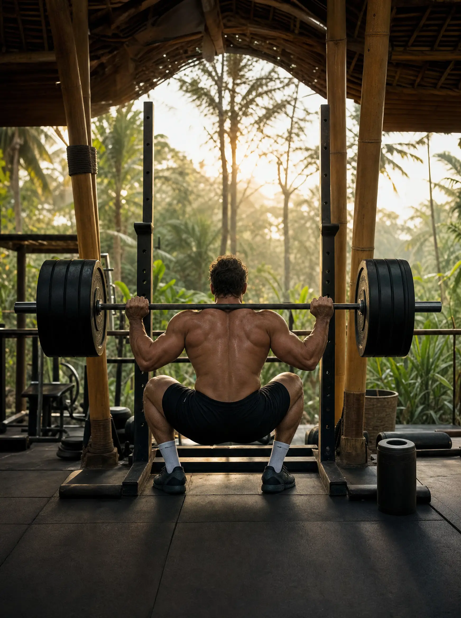 Mann trainiert mit einer Langhantel in einem Open-Air-Gym auf Bali